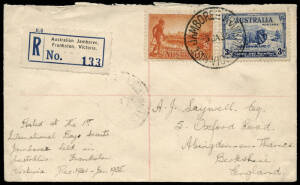 1934 (Dec.24) 1st Australian Scout Jamboree, Frankston, Victoria, registered cover to England franked 2d + 3d, with Frankston Jamboree, date only "5JA35" cds on the front & reverse plus Jamboree reg. label No. 133/200