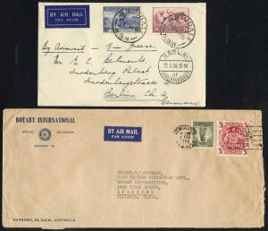 Group of airmail covers; 1936 cover, Armidale - Germany, at 1/9 endorsed "Via Greece"; 1955 covers to ROTARY INT'L, USA with 3½d QEII Envelope uprated to 2/- plus covers from Fremantle & Newcastle, at 6/-, with 5/- Arms + 1/- Lyrebird.