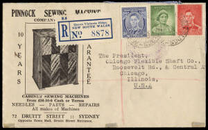Attractive group with 1930 Tame & Co. Iron Merchants, 1938 Pinnock Sewing Machines, reg. Sydney - USA with triple colour franking, 1946 Geo. Pizzey & Son Ltd & Columbia Ribbon & Carbon Co. both to USA, 1952 BSA Motorcycles/J.N. Taylor Adelaide, 1952 Icewe