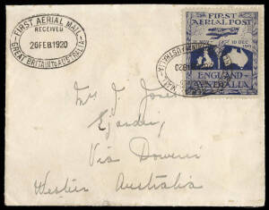 Nov.19 - Feb.20 (AAMC.27) England - Australia flown cover bearing a fine example of the Ross Smith vignette, tied by one of 2 strikes of the oval datestamp. Addressed to Mrs J. Jones, Ejanding, Via Dowerin, Western Australia and listed by Frommer as No. 1