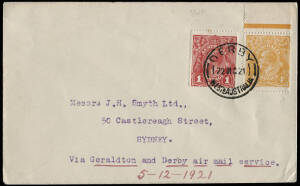 22 Dec.1921 cover from Derby to Sydney with KGV 1d & 4d tied by Derby cds & endorsed 'Via Geraldton and Derby airmail service'. Intended for the ill-fated 1st flight but actually carried on the 2nd flight from Derby to Geraldton (which was the 1st flight 