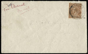 29 Dec.1921 cover flown from MARBLE BAR to NARROGIN, endorsed "Per 1st Aerial Mail", intended for the first southbound non-contract flight by WAA from Derby to Perth, abandoned due to engine trouble south of Broome but then delivered by the S.S."Bambra".