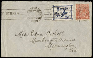 17 Apr.1922 (AAMC.64 & 64a) Geelong - Melbourne, Herald & Weekly Times flown cover with "Herald / Air Mail" vignette in deep blue tied by Geelong machine cancel. With Mornington arrival cds on the reverse and an unused vignette*. Companion cover to Lot 76