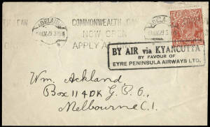 19 Nov.1929 (AAMC.145) Streaky Bay - Adelaide cover, flown for Eyre Peninsula Airways Ltd. flown via Kyancutta with special boxed cachet. Cat.$550.