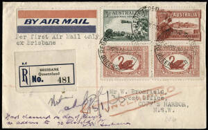 1 Jan.1930 (AAMC.148) Brisbane - Sydney registered cover carried by Kingsford Smith on the first flight for ANA Ltd in the "Southern Cloud". [180 flown]. Interesting b/stamps to W.A. indicating route of redirection.