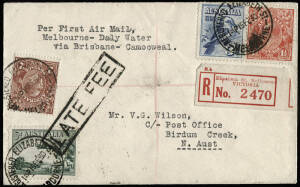 19 Fe.1930 (AAMC.151) Camooweal - Daly Waters registered cover despatched from Melbourne and flown via Brisbane; carried by AAS, connecting with Qantas to provide a direct link between Brisbane and Darwin. Franked 7½d air postage + 2d late fee, with boxed