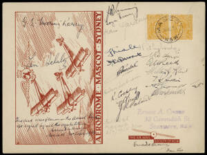 30 Sept.1933 (AAMC.331) MASCOT AERIAL DERBY large (unofficial) red souvenir card signed by all the competing aviators. Official yellow vignette label on reverse. Spectacular.