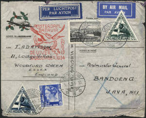 20 Oct.1934 (AAMC.444,445 & 446) MacRobertson Air Race group on pages relating to the 'official' mail carried by KLM Douglas DC2 'Uiver': 10 flown covers incl. Holland - Java, Holland - Australia, Holland - Batavia - Australia, later 1934 covers (2) incl.