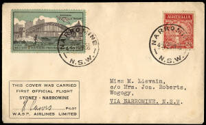 25 Mar.1935 (AAMC.494,495,495a) Narromine - Sydney and return flown covers for the opening of the WASR Airlines service. Both covers with the Airline vignette and signed by H. Purvis. Plus a full sheets of 6 of the vignette in green & black and 1 other.