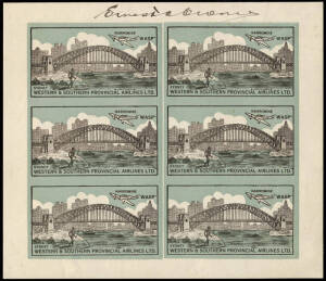 25 Mar.1935 (AAMC.495b. Frommer.48f1) WASP Airlines vignette full sheet of 6 in green and black, IMPERFORATE, and signed by E.A. Crome in the top margin. [17 sheets imperforate, 1 of 3 signed sheets].