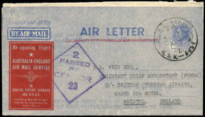 Sept.1944 (AAMC.978c) Qantas/BOAC overprinted Air Letter carried from Australia to England on the Re-opening flight of the Air Mail Service. Cat.$250.