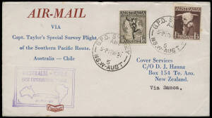 14 Mar.1951 (AAMC.1271c) Sydney - NZ via SAMOA flown cover, inscribed 'AIR-MAIL via Capt. Taylor's Special Survey Flight of the Southern Pacific Route. Australia - Chile', with cachet in violet & APIA cds on reverse.