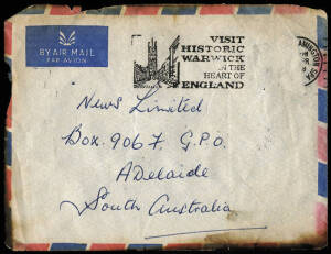 8 Apr.1968 (AAMC.1622a) England - Adelaide charred cover, salvaged from the wreck of a crashed BOAC Boeing 707, at Heathrow Airport. With Eustis guarantee stamp on reverse.