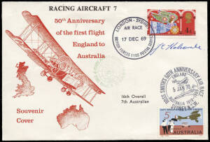 Dec.1969 (AAMC.1652-56,1659,1663,1666-67,1669-70,1672-73,1681 & 1684) England - Australia Air Race commemorating Ross & Keith Smith's 1919 flight. With 15 AAMC listed covers on annotated pages, majority pilot signed. Plus 12 covers not currently listed by