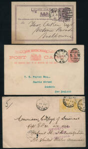 Victorian postal stationery (Reg'd envelopes, envelopes, postal cards etc.) from Specimen sets, CTO with the Melbourne cds (17); mint NSW & Victorian postal stationery (12) and a commercially used group (8) incl. a 1904 WA cover Yarloop to Philadelphia wi