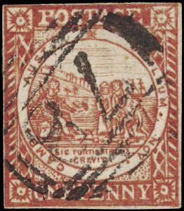 1850 (SG.12) 1d brownish red, Sydney View, Plate II with clouds, hard greyish paper. Cancelled with BN "78" of Cassilis, rated RR. 4 close margins, with full bright colour and traces of the original gum.