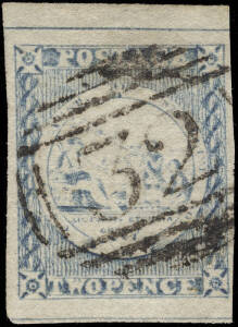 1850 (SG.18) 2d dull blue Sydney View, Plate I, vertical lined background, later impression. Cancelled with BN "32" of Berrima, rated RR. Four margins with full original colour.