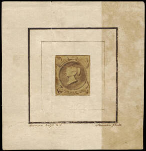 circa 1880's photographic essay of a hand drawn QV head for a proposed stamp design. The design incorporates the words "CAMBRIA NOVA AUSTRALIS" and "POSTAGE ONE SOVEREIGN". The design measures 22 x 26mm on light card, in a framed border measuring 58 x 62m