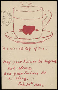 1908 1d postal card (H&G.30) Record Reign issue used from THARWA to Michelago with hand-drawn cup of tea and hearts. Fine condition.