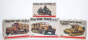 BANDAI: Group of WW2 Model Car and Tank Hobby Kits predominantly Axis Powers including 8 Wheeled Armour Car (8238); and, German Side Car BMWR/75 (8227); and, PZ.H Auf Gw II (105mm) ‘Wespe’ (8221). All mint and unbuilt in original cardboard packaging. (10 