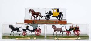 BRUMM: 1:43 Group of Model Horse and Carriages including Spyder Di George Sand (15); and, Botticella De Roma (12); and, Post Chaises Vettura Da Noleggio Inglese (16). Most mint in original display cases. (10 items)