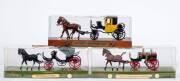 BRUMM: 1:43 Group of Model Horse and Carriages including Spyder Di George Sand (15); and, Botticella De Roma (12); and, Post Chaises Vettura Da Noleggio Inglese (16). Most mint in original display cases. (10 items)