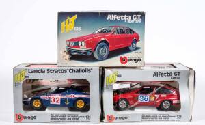 BURAGO: 1:24 Group of Model Cars including Alfetta G.T. 4 Aperture (136); and, Alfetta GT Corsa (144); and Lancia Stratos Challoils (127). All mint in original cardboard packaging