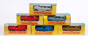 CCCP/USSR NOVOEXPORT: 1:43 Group of rare early 70s Soviet Era Moskvitch Model Cars including A6 Van (434); and, Station Wagon (426); and, Saloon Car (408). All cars mint, all in original cardboard packaging, slight damage to some of the boxes. (7 items)
