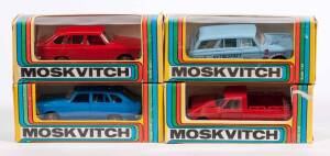 CCCP/USSR NOVOEXPORT: 1:43 Group of rare late 70s Soviet Era Moskvitch Model Cars including Rally Service Van (427); and, Utility Truck (412); and, Saloon Car (433). All cars mint, all in original cardboard packaging. (4 items)