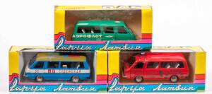 CCCP/USSR NOVOEXPORT: 1:43 Group of rare late 70s Soviet Era RAF Minibus's including 2203; and, 2205; and, Olympic 2203. All cars in original cardboard packaging, slight damage to one of the cars. (3 items)