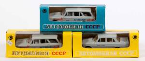 CCCP/USSR NOVOEXPORT: 1:43 Group of rare 70s Soviet Era Model Cars including Rally Service Car A3 (426); and, Taxi A1 (408); and, Rally Service Car A4 (427). All cars mint in original cardboard packaging. (3 items)