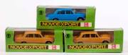 CCCP/USSR NOVOEXPORT: 1:43 Group of rare 70s Soviet Era Model Cars (2101) One Blue and Two Brown Cars. All mint in original cardboard packaging. (3 items)