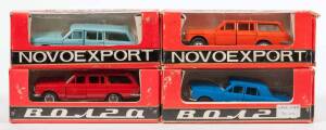 CCCP/USSR NOVOEXPORT: 1:43 Group of rare 70s Soviet Era Model Cars including light blue Station Wagon; and, red Station Wagon; and, Orange Station Wagon; and, blue car. All cars mint in original cardboard packaging. (4 items)