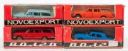 CCCP/USSR NOVOEXPORT: 1:43 Group of rare 70s Soviet Era Model Cars including light blue Station Wagon; and, red Station Wagon; and, Orange Station Wagon; and, blue car. All cars mint in original cardboard packaging. (4 items)