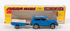 CCCP/USSR NOVOEXPORT: 1:43 rare 1980s Soviet Era LADA 2121 Niva A20 with SKIF M P1 Trailer. Mint in original cardboard Packaging.