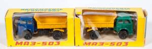 CCCP/USSR: 1:43 Pair of 1970s Soviet Era Model Trucks (MA3-503) - One Green the other Blue. All cars mint in original cardboard packaging. Slight dame to one of the boxes (2 items)