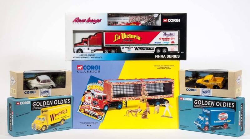 CORGI: Group of Model Cars Including Bedford Type OB Coach (C949/2); And, Weymann Single Deck Dundee Corporation (97018); And, NHRA Series Darrell Gwynn Racing Mike Dunn (98514). All mint in original cardboard packaging (20 items approx.)