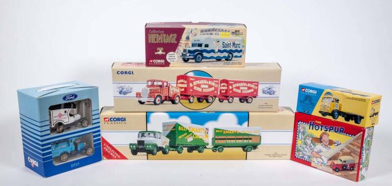 CORGI: Group of ‘Corgi Classics’ Including J. Ayers A.E.C Mercury Truck & Trailer (81566); And, Scammell Highwayman Trailer & Caravan (97885); And, Bernard Type 110 Lessive Saint Marc (72005). All mint in original cardboard packaging. (22 items)