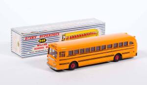 DINKY: Early 1960s Wayne School Bus with Windows and Seating – Yellow with Black Stripe (949). Near mint to good in original blue and white striped lift off box. There apeares to have yellow pait marks.