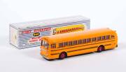 DINKY: Early 1960s Wayne School Bus with Windows and Seating – Yellow with Black Stripe (949). Near mint to good in original blue and white striped lift off box. There apeares to have yellow pait marks.