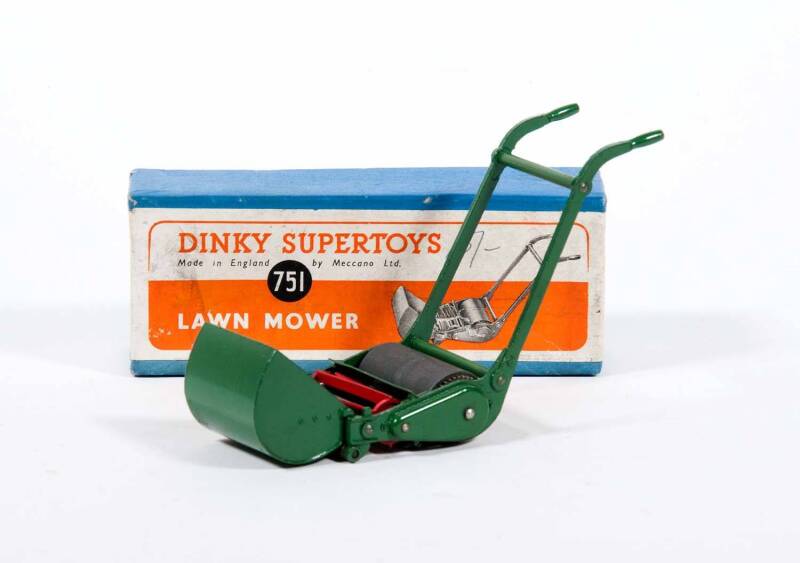 DINKY: Late 1940s to Early 1950s Lawn Mower with Grass Catcher (751). Mint in early blue box with orange and white label.
