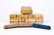 DINKY: Late 1940s to Early 1950s Group of Railway Items Including Streamline Express Passenger Train Set Consisting of Blue Loco and Two Brown/Grey Coaches (16) Mint in original buff lift off lid with yellow end sticker; And, A Pair of Railway Station Per