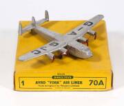 DINKY: Late 1950s Avro York Airliner with "G-A GJC" Markings (70A). Mostly mint except for slight damage to one propeller, in original yellow lift off Box.&nbsp;