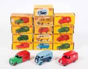 DINKY: 1950s Group of Vans Including Trojan 15 CWT ‘ESSO’ Van (Duel Numbered 31A & 450); And Austin ‘Shell’ Van (470); And, Bedford 10 CWT ‘Kodak’ Van (480). Most mint, all in original yellow cardboard boxes. Slight damage to some of the boxes. (13 items)