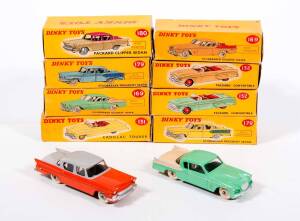 DINKY: 1950s to Early 1960s Group of Model Cars Including Cadillac Tourer (131); And, Studebaker Golden Hawk (169); And, Packard Convertible (132). Most mint, all in original yellow cardboard boxes. Slight damage to some of the boxes. Duplications present