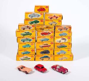 DINKY: 1950s to Early 1960s Group of Model Cars Including Red Sunbeam Alpine Sports with original stickers (107); And, Salmon Pink Aston Martin DB3S (104); And, Rover 75 Saloon (132). Most mint, all in original yellow cardboard boxes. Slight damage to som