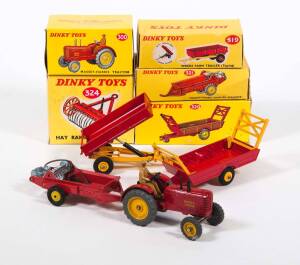 DINKY: 1960s Group of Farm Vehicles and Trailers Including Massey-Harris Tractor (300); And, Weeks Farm Tipping Trailer (319); And, Harvest Trailer (320). All mint in original yellow cardboard boxes. (5 items)