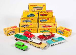 DINKY: 1960s Group of Model Cars Including Austin Se7en Countryman (199) – Fluorescent Pink; And Rambler Cross Country Station Wagon (193) – Yellow with a White Roof; And, Hudson Hornet Sedan (174) – Red with Cream Roof; And, Morris Mini Traveller (197) -