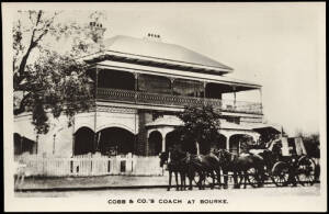 NEW SOUTH WALES POST OFFICES. Bourke, p/card with Cobb & Co coach in front of the P.O. and 12 Dec.1934 (AAMC.470c) QANTAS Bourke - Darwin flown cover. Bowral with 1915 mourning cover. Braidwood with 1902 cover to USA.