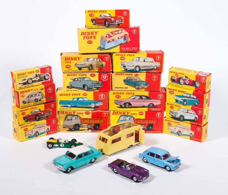 DINKY: 1960s Group of Model Cars Including Cadillac 62 (147) – Blue; And, Holden Special Sedan (196) – Blue with White Roof; And, Four Berth Caravan with Transparent Roof (117) -Yellow. Most mint all in original yellow cardboard boxes. Slight damage to so